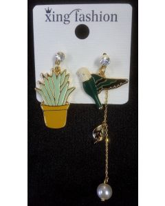 Plant And Bird Charm Asymmetrical Earrings